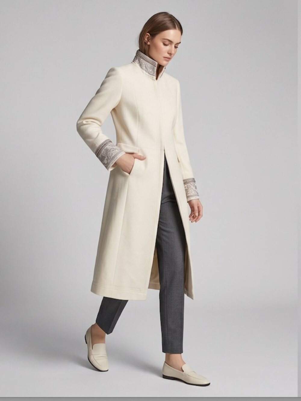 ZARA Collection Wool Blend Embellished Collar & Cuff Long Coat Cream - Picture 5 of 15